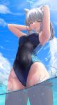  1girl animal_ear_fluff animal_ears armpits arms_behind_head arms_up bare_shoulders blue_archive blue_eyes blue_one-piece_swimsuit blush breasts covered_navel cross_hair_ornament extra_ears grey_hair hair_ornament halo highleg highleg_swimsuit highres light_rays looking_at_viewer medium_breasts medium_hair multicolored_clothes multicolored_swimsuit one-piece_swimsuit revision shiroko_(blue_archive) shiroko_(swimsuit)_(blue_archive) sidelocks silver_bullet_(ecc12_8) sunlight swimsuit thighs wading wet wolf_ears 