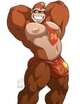  2023 anthro ape barazoku big_nipples brown_body brown_eyes brown_fur bulge bulge_through_clothing clothed clothing donkey_kong_(series) flexing front_view fur grin grinning_at_viewer hair hands_behind_head haplorhine head_tuft hi_res looking_at_viewer male mammal mostly_nude muscular muscular_anthro muscular_arms muscular_legs muscular_male navel necktie nelldemon nintendo nipples orange_eyes pink_nipples primate red_necktie signature simple_background skimpy smile smiling_at_viewer solo standing teeth thong thong_only topless tuft underwear underwear_only watermark white_background 