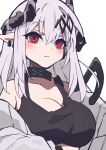  1girl absurdres arknights bare_shoulders black_tank_top bodysuit breasts closed_mouth collarbone commentary_request ear_piercing grey_hair hair_between_eyes highres horns large_breasts long_hair looking_at_viewer mudrock_(arknights) piercing pointy_ears red_eyes saizukiconoha simple_background solo tank_top upper_body very_long_hair white_background white_bodysuit 