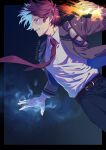  1boy artist_name belt belt_buckle black_border black_pants blue_background blue_eyes boku_no_hero_academia border brown_belt brown_jacket buckle burn_scar collared_shirt commentary_request dress_shirt fire flaming_hand floating_hair glowing glowing_eyes hand_up highres ice jacket lapels male_focus multicolored_hair necktie open_clothes open_jacket outside_border pants parted_lips profile red_hair red_necktie remsor076 scar scar_on_face shirt shirt_tucked_in short_hair solo split-color_hair teeth todoroki_shouto twitter_username two-tone_hair v-shaped_eyebrows white_hair white_shirt wing_collar 