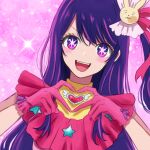  1girl commentary_request gloves hair_ornament heart heart_hands highres hoshino_ai_(oshi_no_ko) idol_clothes long_hair one_side_up open_mouth oshi_no_ko pink_gloves purple_eyes purple_hair rabbit_hair_ornament smile solo star-shaped_pupils star_(symbol) symbol-shaped_pupils turtleneck upper_body yuurururun 
