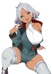  1girl ahoge asticassia_school_uniform blush breasts dark-skinned_female dark_skin green_eyes green_jacket grey_hair gundam gundam_suisei_no_majo highres jacket large_breasts leotard long_sleeves looking_at_viewer nail_polish school_uniform secelia_dote shirt shoes short_hair shorts single_bare_shoulder sky-freedom solo thighhighs thighs tongue tongue_out white_background white_shirt white_thighhighs 