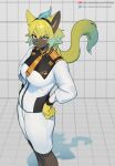  anthro blue_eyes clothed clothing felid female fur generation_7_pokemon gundam hi_res kambo legendary_pokemon mammal mobile_suit_gundam_the_witch_from_mercury nintendo pokemon pokemon_(species) solo uniform yellow_body yellow_fur zeraora 