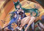  animal_ear_fluff animal_ears bare_shoulders black_footwear blush breasts cleavage cleavage_cutout clothing_cutout commentary english_commentary fox_ears fox_girl green_hair hair_between_eyes hair_ornament highres honkai:_star_rail honkai_(series) large_breasts legs long_hair looking_at_viewer lunacle open_hand outdoors parted_lips purple_eyes sitting smile solo yukong_(honkai:_star_rail) 