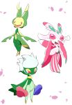  :d absurdres bright_pupils claws closed_eyes closed_mouth commentary_request falling_petals highres leavanny lurantis mira_(miramita8727) no_humans open_mouth petals pink_eyes pokemon pokemon_(creature) roserade simple_background smile standing tongue white_background 