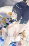  1girl bare_back black_hair blue_hair breasts camisole cleavage colored_inner_hair commentary_request dimples_of_venus feet from_above funi_mu9 highres hoshino_aquamarine indoors kneeling kurokawa_akane looking_at_viewer looking_back medium_breasts multicolored_hair oshi_no_ko photo_(object) soles solo star-shaped_pupils star_(symbol) strap_slip symbol-shaped_pupils toes underwear underwear_only white_camisole 