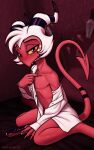  absurd_res anthro bed bedroom blush clothed clothing demon freckles furniture girly gun hair hell helluva_boss hi_res hooves horn imp knife looking_at_viewer male markings moxxie_(helluva_boss) not_furry on_bed open_clothing open_shirt open_topwear pinup pose ranged_weapon red_body red_eyes shirt sitting sitting_on_bed smile solo spiked_tail spikes spikes_(anatomy) spots striped_horn striped_markings striped_tail stripes striptease tail tail_markings teeth_showing topwear weapon white_clothing white_hair white_spots wwredgrave 