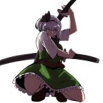  1girl absurdres black_hairband closed_mouth commentary_request full_body green_eyes green_skirt green_vest grey_hair hairband highres holding holding_sword holding_weapon konpaku_youmu multiple_swords shirt short_hair short_sleeves simple_background skirt smile solo squatting strong_anus sword sword_behind_back touhou vest weapon white_background white_shirt 