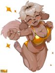  absurd_res anthro belly belly_tuft big_breasts bikini biped blonde_hair blush breasts brown_nose canid canine canis chest_tuft claws cleavage clothed clothing domestic_dog eyes_closed fangs female fist floppy_ears golden_week hair hi_res jumping kemari kemono lop_ears mammal navel open_mouth open_smile pawpads slightly_chubby smile solo sparkles swimwear teeth tuft 