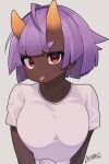  1girl absurdres blunt_bangs breasts closed_mouth dark-skinned_female dark_skin highres horns large_breasts looking_at_viewer oni oni_horns original purple_hair red_eyes ryuusui_arumo shirt short_sleeves smile solo tongue tongue_out very_dark_skin white_shirt 