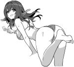  1girl ass azur_lane bare_shoulders barefoot bikini breasts commentary_request feet from_behind greyscale grin holding_ticket hori_(hori_no_su) large_breasts looking_at_viewer looking_back medium_hair monochrome official_alternate_costume official_art royal_fortune_(azur_lane) royal_fortune_(eyes_on_the_prize)_(azur_lane) sideboob simple_background smile solo suction_cups swimsuit tentacle_hair tentacles ticket toes white_background 