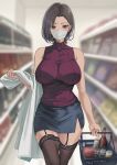  1girl bare_shoulders basket beer_bottle beer_can black_eyes black_hair blurry blurry_background blush breasts can chocolate_almond garter_straps groceries holding holding_basket holding_clothes kesoshirou lab_coat lace-trimmed_legwear lace_trim large_breasts looking_at_viewer mask mouth_mask original pencil_skirt shirt shopping shopping_basket short_hair side_slit skirt sleeveless sleeveless_shirt solo supermarket sweat thighhighs 
