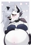  &lt;3 2023 anthro belly black_body black_fur black_nose blush breasts canid canid_demon canine canis collar demon digital_drawing_(artwork) digital_media_(artwork) female fur grey_hair hair hand_on_stomach hellhound helluva_boss hi_res loona_(helluva_boss) mammal moony0123 multicolored_body multicolored_fur pregnant pregnant_female red_sclera solo spiked_collar spikes white_body white_eyes white_fur wolf 