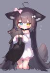  1girl :&lt; ahoge animal_ear_fluff animal_ears blush bow brown_hair choker commission dog_ears dog_girl dog_tail dress flying_sweatdrops grey_background hair_bow heart heart_ahoge heterochromia highres holding holding_stuffed_toy hug hugging_object kneeling konununui long_hair long_sleeves looking_at_viewer original ribbon short_dress simple_background skeb_commission solo stuffed_animal stuffed_cat stuffed_toy tail tears thigh_gap trembling very_long_hair white_sleeves 