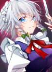  1girl absurdres blue_eyes braid bright_pupils commentary_request highres holding holding_knife izayoi_sakuya kinese_(katasutorohu) knife looking_at_viewer maid maid_headdress medium_hair red_background short_sleeves side_braids solo touhou twin_braids upper_body white_pupils 