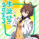  1girl 2023 agnes_tachyon_(umamusume) ahoge animal_ears breasts brown_eyes brown_hair diagonal_stripes floppy_sleeves hair_between_eyes holding holding_test_tube horse_ears horse_girl horse_tail lab_coat medium_breasts pantyhose parted_lips shiroi_karasu short_hair simple_background smirk solo striped striped_background tail teeth test_tube umamusume 