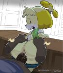  animal_crossing anthro anus bent_over black_nose blonde_hair bodily_fluids bottomless bottomless_anthro bottomless_male brown_body brown_fur butt butt_grab canid canine canis clothed clothing desk disembodied_hand domestic_dog duo female fur furniture genitals gosgoz hair hand_on_butt hi_res inside isabelle_(animal_crossing) looking_back male male/female mammal multicolored_body multicolored_fur nintendo open_mouth penetration penile penile_penetration penis penis_in_pussy plap sex shirt skirt_down sweat table tail teeth tongue topwear vaginal vaginal_penetration white_body white_fur yellow_body yellow_fur 