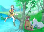  1boy 1girl ayda_(suikoden) braid breasts brown_hair full_body gensou_suikoden gensou_suikoden_ii headband highres kinnison_(suikoden) long_hair looking_at_viewer mountain ponytail scarf shiro_(suikoden) short_hair skirt tree water wolf 