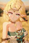  1girl bare_shoulders blonde_hair blush braid breasts dress earrings gbbgb321 green_eyes hair_ornament highres jewelry large_breasts looking_at_viewer parted_bangs pointy_ears princess_zelda scene_reference short_hair sidelocks solo teardrop teardrop_facial_mark the_legend_of_zelda the_legend_of_zelda:_tears_of_the_kingdom 