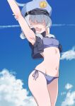  1girl arm_up armpits arms_up bare_arms bare_shoulders bikini blue_archive blue_bikini blue_headwear blue_sky blush breasts cloud cowboy_shot day grey_hair groin hair_between_eyes halo hat highres jacket matsu520 navel open_mouth outdoors peaked_cap presenting_armpit revision sky small_breasts solo standing stomach swimsuit valkyrie_police_academy_student_(blue_archive) 