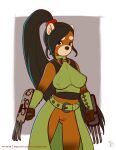  2019 absurd_res accessory ailurid anthro armor belt black_hair black_nose bracers breasts claw_(weapon) clothed clothing collar collar_ring dragon_quest_xi female front_view genitals hair hair_accessory hair_ring hi_res jade_(dq11) joe_randel long_ponytail looking_at_viewer mammal melee_weapon midriff nipple_outline pengsong_(rnixon) ponytail portrait pussy red_panda solo standing three-quarter_portrait warrior weapon 