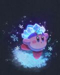  black_background blue_headwear blush_stickers crown crystal forehead_jewel full_body gem highres kirby kirby_(series) miclot no_humans pink_skirt red_footwear simple_background skirt snow snowflakes snowing 