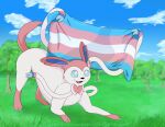  2023 absurd_res ambiguous_gender blue_eyes cloud day eeveelution feral flag generation_6_pokemon grass haika happy hi_res lgbt_pride nintendo outside plant pokemon pokemon_(species) pride_colors raised_tail solo sylveon tail transgender_pride_colors tree 