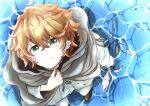  1girl absurdres bandaid bandaid_on_ear branch brown_footwear cardigan cloak closed_mouth emma_(yakusoku_no_neverland) from_above green_eyes highres holding holding_branch looking_up neck_tattoo number_tattoo orange_hair r1014-chopper shirt solo tattoo water white_shirt yakusoku_no_neverland 