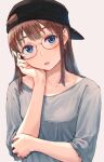  1girl backwards_hat baseball_cap blue_eyes brown_hair collarbone earrings glasses grey_shirt hand_on_own_cheek hand_on_own_elbow hand_on_own_face hat jewelry long_hair mixed-language_commentary open_mouth original ryuunosuke_(luckyneco) shirt simple_background sleeves_pushed_up solo upper_body 