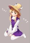  1girl blonde_hair brown_background brown_headwear closed_mouth commentary_request full_body grey_background highres looking_at_viewer megamausu moriya_suwako musical_note parted_bangs purple_skirt purple_vest seiza shirt short_hair sidelocks simple_background sitting skirt smile solo thighhighs touhou vest white_shirt white_thighhighs yellow_eyes 