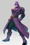  1boy bald belt boots bulge closed_mouth colored_skin dragon_ball dragon_ball_super hand_in_pocket highres hit_(dragon_ball) male_focus muscular muscular_male no_eyebrows pectorals purple_skin red_eyes simple_background standing supobi 
