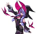  1girl absurdres artist_request black_eyes bodysuit breasts bug butterfly cleavage detached_sleeves era_(omega_strikers) expressionless fingerless_gloves gloves hat highres light_frown non-web_source official_art omega_strikers purple_hair solo twintails witch_hat 
