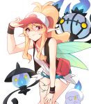  1girl adjusting_clothes adjusting_headwear baseball_cap blonde_hair chandelure closed_mouth cosplay hair_between_eyes hat hilda_(pokemon) hilda_(pokemon)_(cosplay) lanturn leaning_forward litwick long_hair looking_at_viewer nijisanji nijisanji_en pink_eyes pointy_ears pokemon pokemon_(game) pokemon_bw pomu_rainpuff ponytail ricegnat shirt short_shorts shorts smile virtual_youtuber white_shirt 