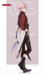  1boy adolphe_(shuuen_no_virche) adolphe_(shuuen_no_virche)_(cosplay) alternate_costume belt bishounen black_belt black_footwear blue_eyes closed_mouth copyright_name cosplay full_body highres imi_fumei_(imifu-imifu) long_hair long_sleeves looking_at_viewer low_ponytail male_focus mole mole_under_eye neck_tattoo pink_hair red_shirt scien_brofiise sheath sheathed shirt shuuen_no_virche solo sword tattoo twitter_username weapon 