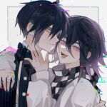  2boys ahoge arm_around_shoulder artist_request black_hair checkered_clothes checkered_scarf commission danganronpa_(series) danganronpa_v3:_killing_harmony fangs from_side glitch hair_between_eyes hand_up highres looking_at_viewer male_focus multiple_boys oma_kokichi open_mouth pinstripe_jacket pinstripe_pattern purple_eyes purple_hair saihara_shuichi scarf serious short_hair smile striped upper_body white_background yaoi yellow_eyes 