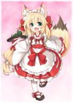  1girl :d absurdres animal_ear_fluff animal_ears apron aqua_eyes bell blonde_hair bow cup dress fang fluffy fox_ears fox_girl fox_tail frilled_apron frilled_dress frills full_body gradient_background hair_bell hair_between_eyes hair_bow hair_ornament hand_up highres holding holding_tray japanese_clothes jingle_bell kinomiki_nobori light_blush long_hair long_sleeves looking_at_viewer low-tied_long_hair maid maid_headdress miko open_mouth original pink_background red_bow sandals shoes skin_fang smile solo tail teacup thighhighs tray two-tone_dress very_long_hair white_apron white_headdress white_thighhighs wide_sleeves 