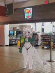  2023 7-eleven absurd_res ahoge anthro anthro_focus barefoot blush blush_lines clothed clothing cropped_hoodie digital_media_(artwork) domestic_cat duo feet felid feline felis female female_anthro female_focus fur hair hi_res human mammal mixed_media paws photo real robo_(robosylveon) robosylveon solo_focus tail thick_thighs wide_hips 