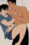  2boys bara bed black_hair black_male_underwear black_pants blue_shirt blush couple kashikahaya large_pectorals looking_at_another lying male_focus male_underwear multiple_boys muscular muscular_male on_back on_bed on_side original pants pectorals shirt short_hair topless_male underwear yaoi 