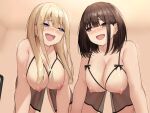  2girls all_fours babydoll black_bow blonde_hair blush bow breasts brown_hair cupless_babydoll ear_piercing earrings hanging_breasts highres imminent_penetration indoors jewelry large_breasts long_hair looking_at_another medium_hair multiple_girls nipples nose_blush original piercing purple_eyes see-through smile suinose trembling 