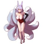  1girl absurdres animal_ears barefoot bent_over black_gloves breasts commentary covered_navel elbow_gloves eyebrows_hidden_by_hair facial_mark fox_ears fox_tail full_body gloves highres holykoshi large_breasts leotard long_hair mole mole_under_eye multiple_tails nijisanji nijisanji_en nina_kosaka purple_hair red_eyes red_leotard solo strapless strapless_leotard tail virtual_youtuber whisker_markings 