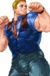  1boy bara blonde_hair blue_eyes blue_shirt bulge clenched_hands cody_travers fighting_stance formal green_pants hair_slicked_back highres looking_to_the_side muscular muscular_male necktie pants red_necktie shirt short_hair short_sleeves smile street_fighter street_fighter_v striped striped_necktie striped_shirt taut_clothes uruonurun waistcoat watch white_background wristwatch 
