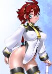  1girl adapted_costume asticassia_school_uniform black_hairband boots covered_nipples gundam gundam_suisei_no_majo hairband leotard low_ponytail necktie red_hair sakura_ryuuken school_uniform shoulder_boards solo suletta_mercury thick_eyebrows thigh_boots 