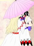  2girls arrow_print black_hair blonde_hair bow capelet dress holding holding_umbrella kijin_seija kiss lily_white long_hair multicolored_hair multiple_girls non-web_source obscured streaked_hair touhou umbrella white_capelet white_dress 