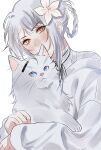  1girl absurdres animal blonde_hair braided_hair_rings cat flower hair_flower hair_ornament highres holding holding_animal holding_cat hora_k kaine_(nier) looking_at_viewer nier nier_(series) shirt sidelocks simple_background upper_body white_background white_cat white_shirt yellow_eyes 