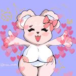  &lt;3 anthro areola bear big_breasts blush blush_lines bow_on_head breasts eyelashes eyes_closed female fur hi_res huge_breasts mammal mawstrife navel nipples nude open_mouth open_smile pink_areola pink_body pink_bow pink_fur pink_nipples purple_background simple_background smile solo spread_arms thick_thighs white_body white_fur wide_hips 