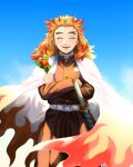  1boy :d ^_^ black_pants blonde_hair blue_sky cape closed_eyes closed_mouth colored_tips commentary cowboy_shot crossed_arms dated_commentary demon_slayer_uniform facing_viewer flame_print flower flower_request forked_eyebrows happy haruki_sugiura highres holding holding_flower katana kimetsu_no_yaiba long_sleeves male_focus medium_hair multicolored_hair open_mouth pants red_flower red_hair rengoku_kyoujurou sky smile solo standing streaked_hair sword weapon white_cape wind 