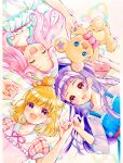  3girls asahina_mirai blonde_hair blunt_bangs blush closed_eyes folded_braid green_headband hanami_kotoha headband heart highres izayoi_liko lilylily0601 long_hair mahou_girls_precure! mofurun_(mahou_girls_precure!) multiple_girls open_mouth parted_bangs pink_eyes pink_hair pinky_swear precure purple_eyes purple_hair smile stuffed_animal stuffed_toy swept_bangs teddy_bear 