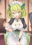  1girl :d absurdres apron armchair breasts carpet chair claw_pose cleavage collarbone detached_collar double-parted_bangs dragon_girl dragon_horns dragon_wings drawer dress duel_monster fang fingernails flower frilled_apron frills gem green_gemstone green_horns green_wings hair_between_eyes highres horns indoors light_green_hair maid maid_apron maid_headdress medium_breasts nataro_1116 open_mouth orange_eyes parlor_dragonmaid puffy_short_sleeves puffy_sleeves red_flower short_hair short_sleeves smile solo tsurime underbust waist_apron white_apron white_flower white_wrist_cuffs wings wrist_cuffs yu-gi-oh! 