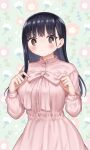  1girl black_hair blush boku_no_kokoro_no_yabai_yatsu bow brown_eyes dress dress_bow floral_background highres long_hair long_sleeves looking_at_viewer pink_dress solo standing yamada_anna zeroasann 