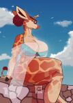  anthro big_breasts bikini bikini_bottom bikini_thong bikini_top bottomwear breasts candy cleavage cleavage_overflow clothed clothing cloud dessert food foxinuhhbox giraffe giraffid hi_res huge_breasts jewelry lollipop mammal outside pyet sitting swimwear topwear 